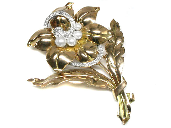 1940s 14k Yellow Gold 1.80ct Diamond Pearl Floral Pin