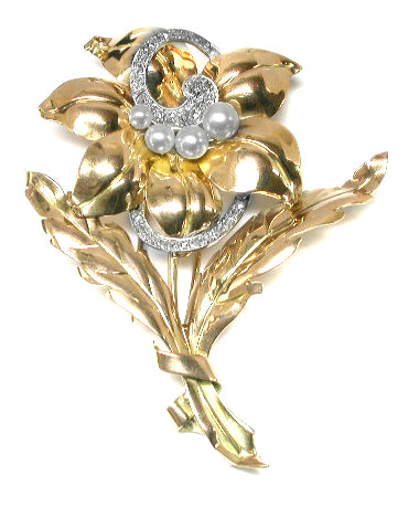 1940s 14k Yellow Gold 1.80ct Diamond Pearl Floral Pin