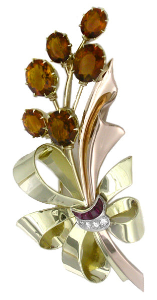 1940s 20.00ct Citrine 0.20ct Ruby 0.10ct Diamond 14k Two Tone Gold Pin