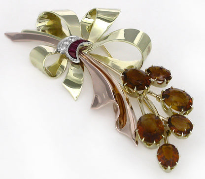 1940s 20.00ct Citrine 0.20ct Ruby 0.10ct Diamond 14k Two Tone Gold Pin