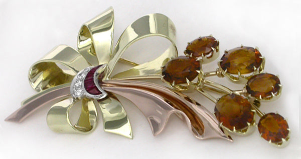 1940s 20.00ct Citrine 0.20ct Ruby 0.10ct Diamond 14k Two Tone Gold Pin