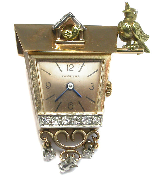 1940s Walser Wald 18k Pink and Yellow Gold Platinum Diamond Cuckoo Clock Pin
