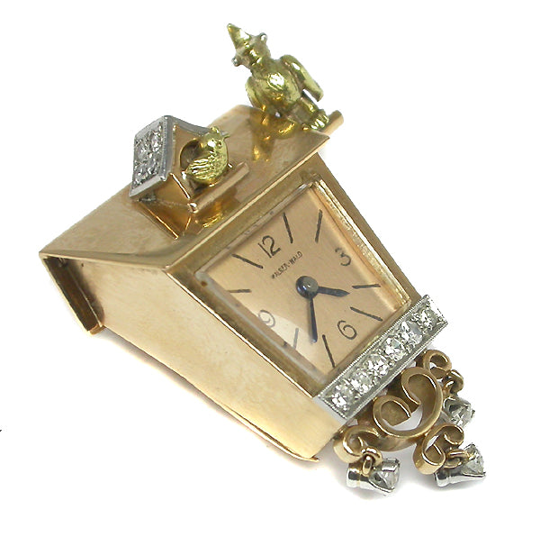 1940s Walser Wald 18k Pink and Yellow Gold Platinum Diamond Cuckoo Clock Pin