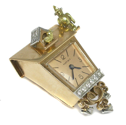 1940s Walser Wald 18k Pink and Yellow Gold Platinum Diamond Cuckoo Clock Pin
