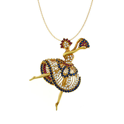 1950s 0.65ct Diamond 1.00ct Ruby 2.50ct Sapphire  Ballerina Pin/  Pendant
