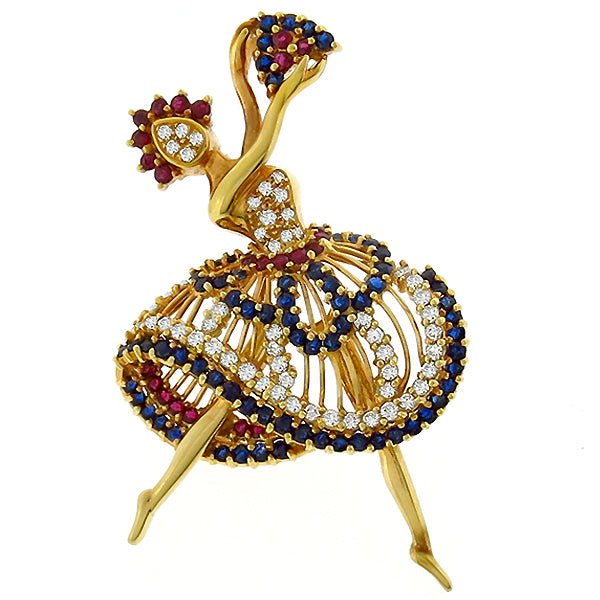 1950s 0.65ct Diamond 1.00ct Ruby 2.50ct Sapphire  Ballerina Pin/  Pendant