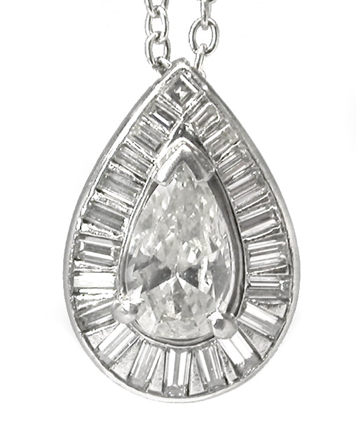 1950s 1.10ct Pear Cut Diamond Platinum Pendant Necklace