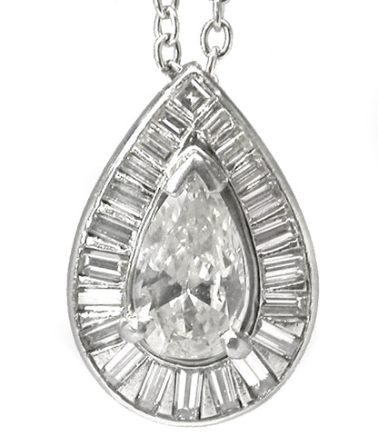 1950s 1.10ct Pear Cut Diamond Platinum Pendant Necklace