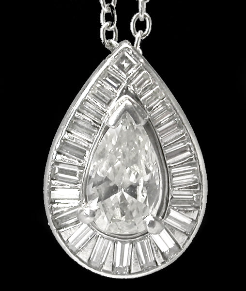 1950s 1.10ct Pear Cut Diamond Platinum Pendant Necklace