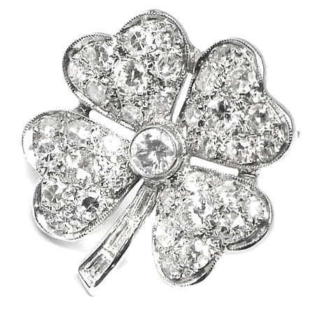 1950s 14k White Gold Diamond Four Leaf Clover Shamrock  Pin