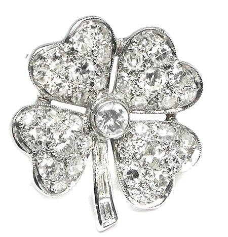 1950s 14k White Gold Diamond Four Leaf Clover Shamrock  Pin