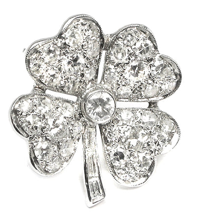 1950s 14k White Gold Diamond Four Leaf Clover Shamrock  Pin