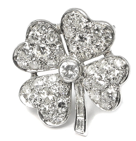 1950s 14k White Gold Diamond Four Leaf Clover Shamrock  Pin