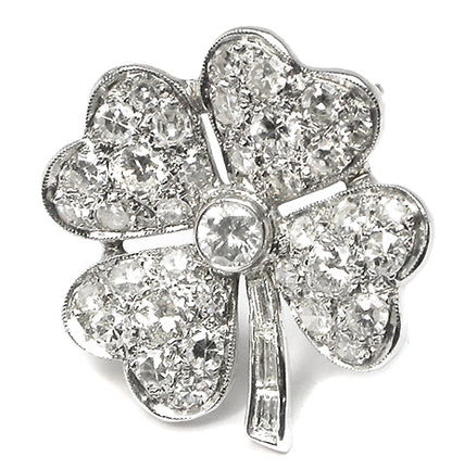 1950s 14k White Gold Diamond Four Leaf Clover Shamrock  Pin