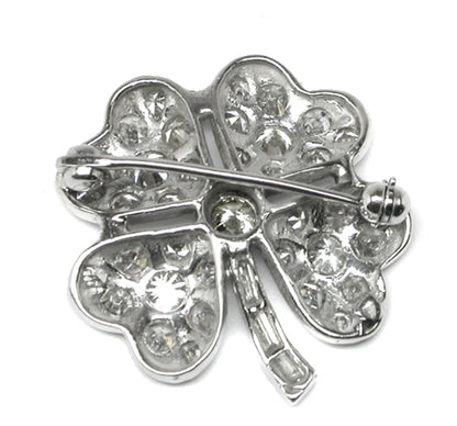 1950s 14k White Gold Diamond Four Leaf Clover Shamrock  Pin