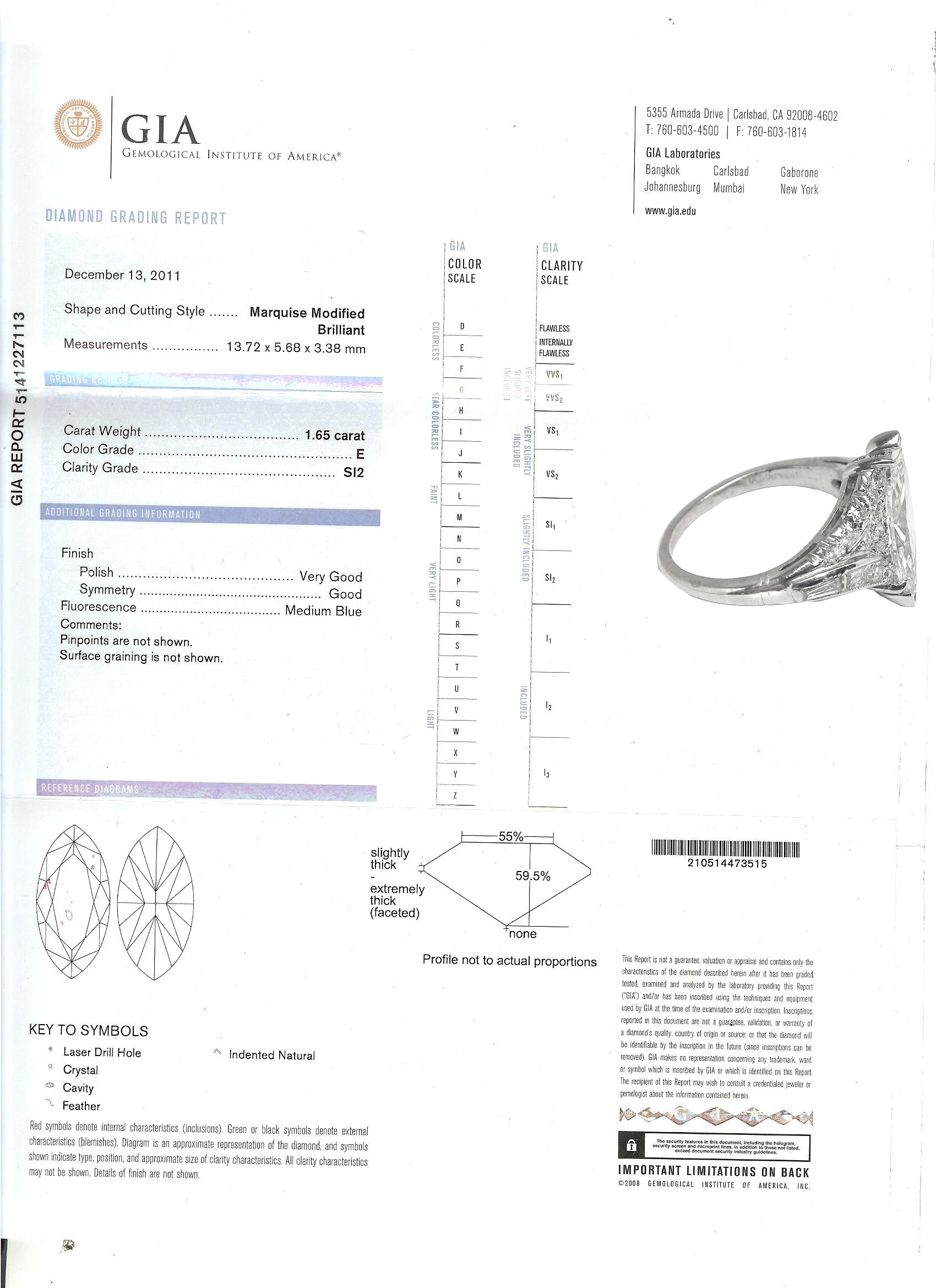 1950s 1.65ct  Marquise Diamond Platinum  Ring