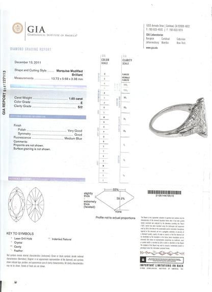 1950s 1.65ct  Marquise Diamond Platinum  Ring
