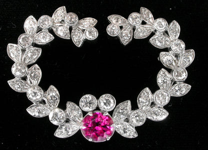 1950s 1.71ct Rubelite 4ct Diamond Platinum Bouquet Pin