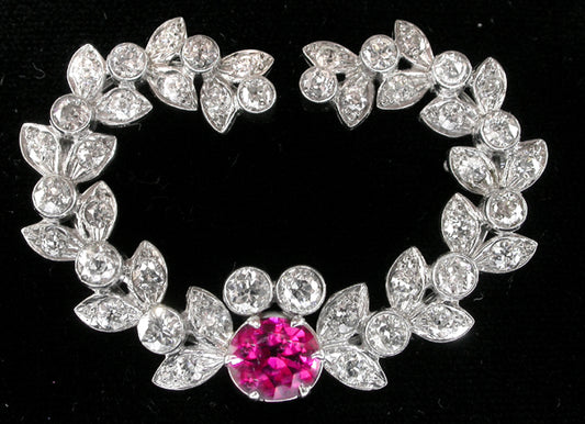 1950s 1.71ct Rubelite 4ct Diamond Platinum Bouquet Pin