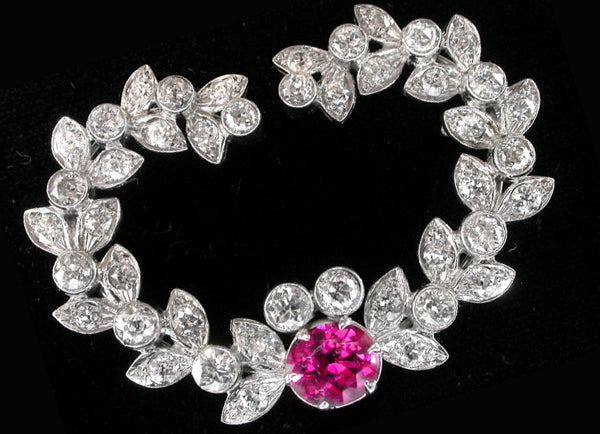 1950s 1.71ct Rubelite 4ct Diamond Platinum Bouquet Pin