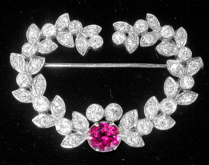 1950s 1.71ct Rubelite 4ct Diamond Platinum Bouquet Pin