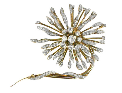 1950s 18k Yellow & White Gold Platinum Diamond Flower Pin