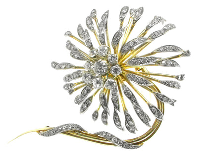 1950s 18k Yellow & White Gold Platinum Diamond Flower Pin