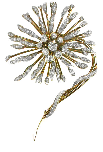 1950s 18k Yellow & White Gold Platinum Diamond Flower Pin