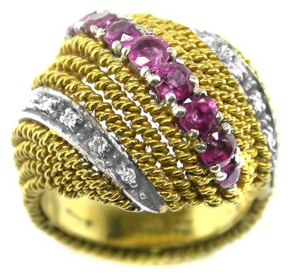 1950s 1ct Ruby  Diamonds 18k Yellow Gold Ring