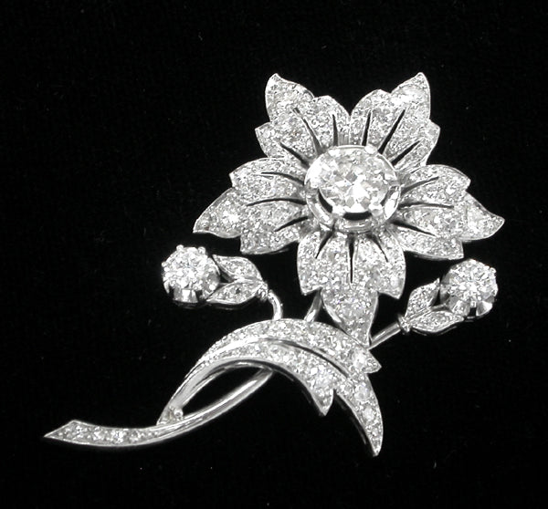 1950s 3.70ct Diamond Platinum Floral Pin