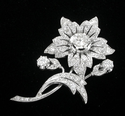 1950s 3.70ct Diamond Platinum Floral Pin