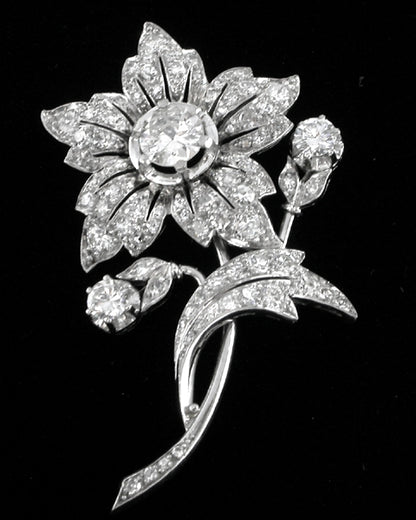 1950s 3.70ct Diamond Platinum Floral Pin