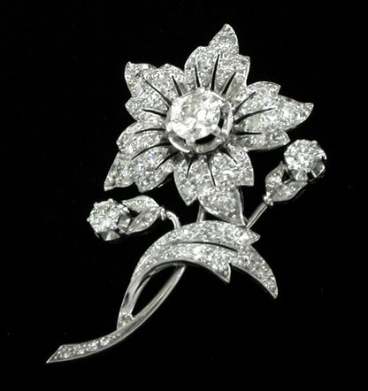 1950s 3.70ct Diamond Platinum Floral Pin