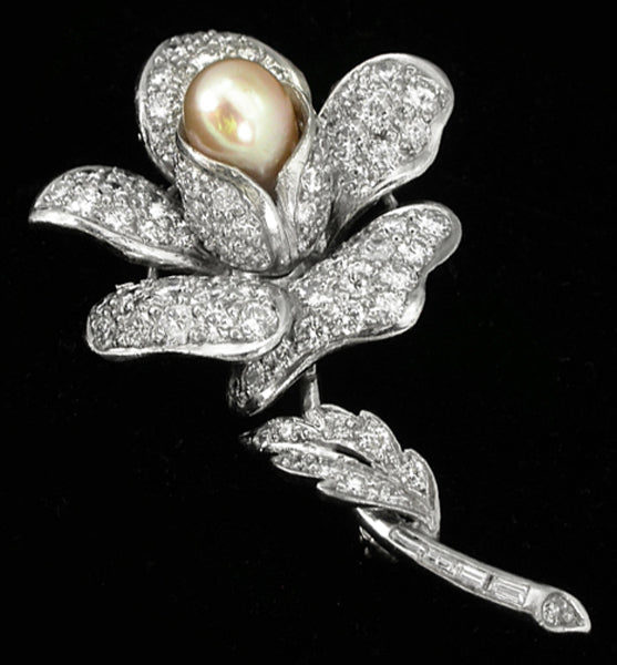 1950s 5.50ct Diamond Pearl Rose Flower Pin