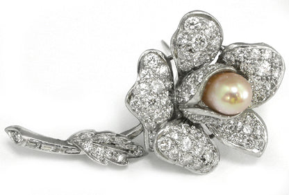 1950s 5.50ct Diamond Pearl Rose Flower Pin