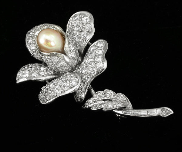 1950s 5.50ct Diamond Pearl Rose Flower Pin