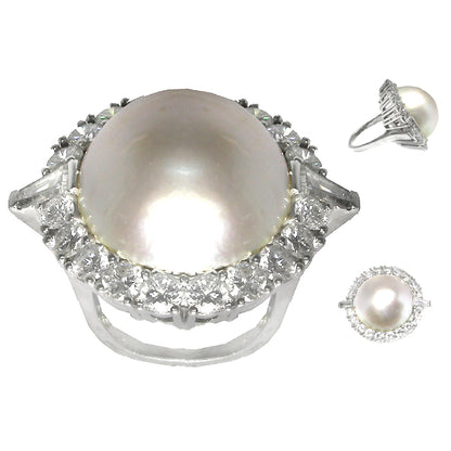 1950s Mabe Pearl & 4ct Diamond Platinum Ring