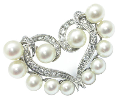 1950s Pearl 1.20ct Diamond Heart Pin