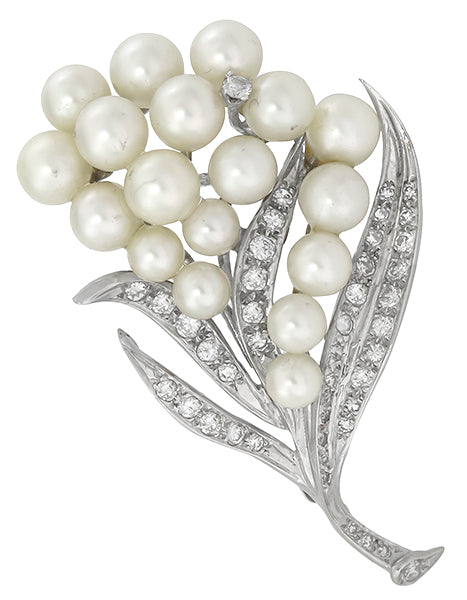 1950s Pearl 1.30ct Diamond 14k Gold Pin