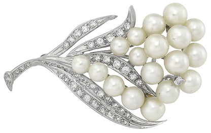 1950s Pearl 1.30ct Diamond 14k Gold Pin