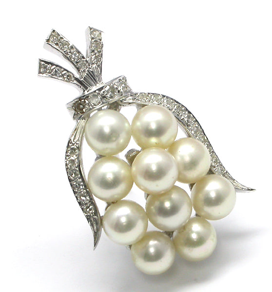 1950s Pearl Diamond 14k White Gold Bow Pin