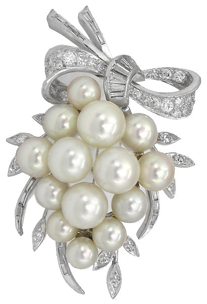 1950s Pearl Diamond 14k White Gold Pin