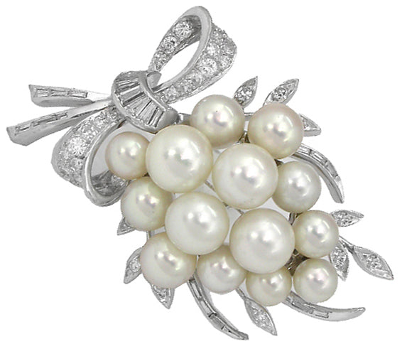 1950s Pearl Diamond 14k White Gold Pin
