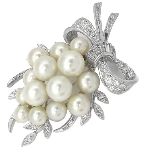 1950s Pearl Diamond 14k White Gold Pin