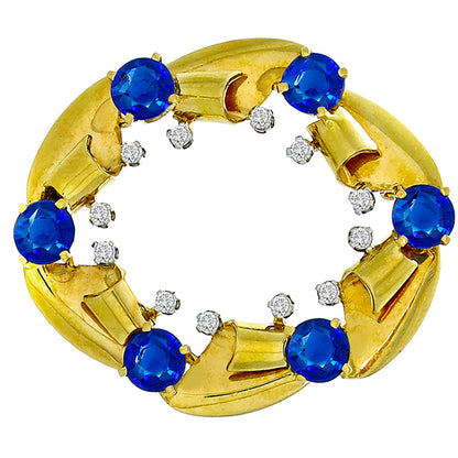 1950s 4.50ct Round Sapphire Diamond 14k Yellow & White Gold Pin