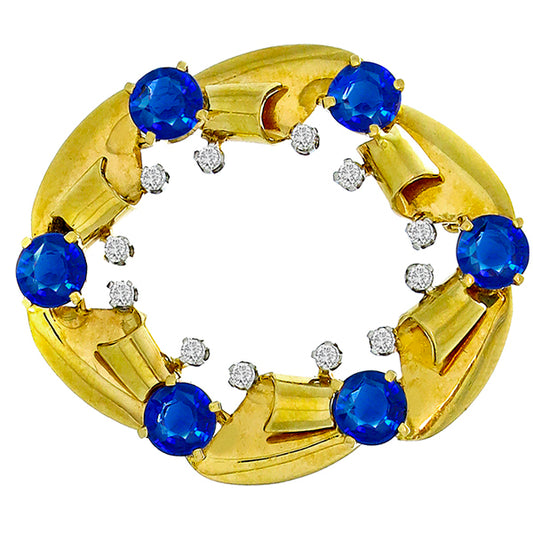 1950s 4.50ct Round Sapphire Diamond 14k Yellow & White Gold Pin