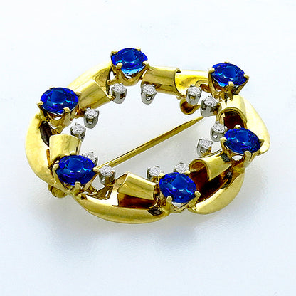 1950s 4.50ct Round Sapphire Diamond 14k Yellow & White Gold Pin