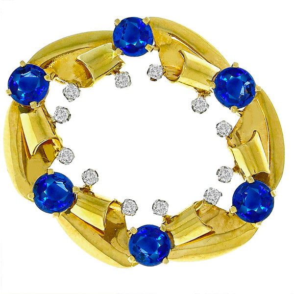 1950s 4.50ct Round Sapphire Diamond 14k Yellow & White Gold Pin