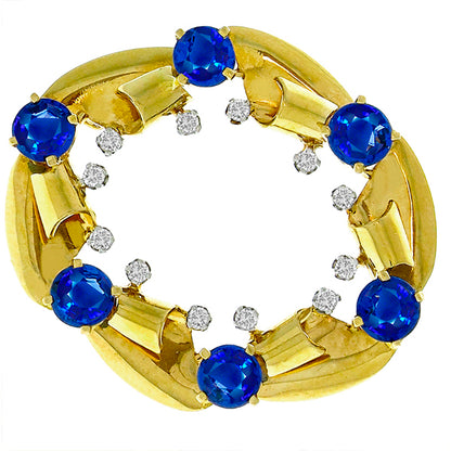 1950s 4.50ct Round Sapphire Diamond 14k Yellow & White Gold Pin