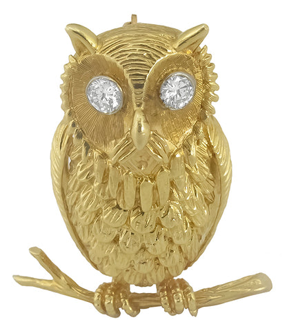 1960s 0.40ct Diamond Gold Owl Pin